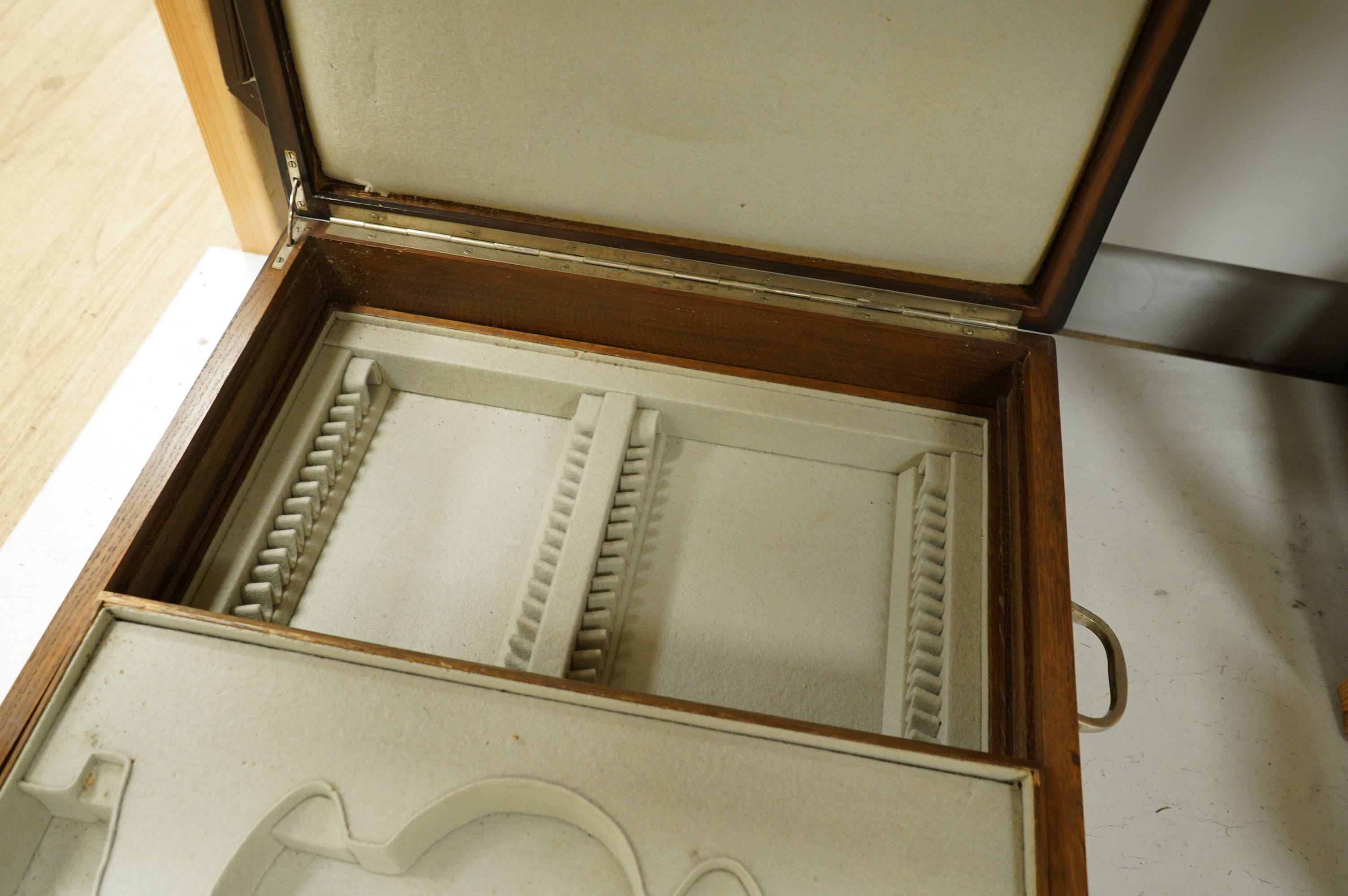 An empty two handled oak two drawer canteen fitted for cutlery, width 51.5cm.